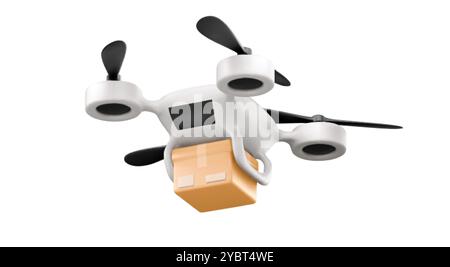 3d unmanned drone package delivery technology icon. Realistic aerial quadcopter robot flight with parcel and propeller render. Remote wireless control Stock Vector