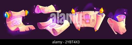 Magic parchment paper and scroll with fantasy glowing ancient wizard symbols. Cartoon vector game ui design assets of old medieval papyrus page roll w Stock Vector