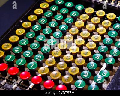 An old fashioned adding machine features a drawer located underneath it Stock Photo