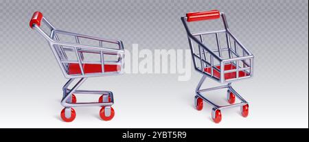 Empty shopping carts set isolated on transparent background, Vector realistic illustration of trolley mockup with metal basket and red wheels, superma Stock Vector