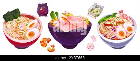 Asian noodle bowls set isolated on white background. Vector cartoon illustration of traditional chinese cuisine ramen dishes with fresh vegetable, egg Stock Vector