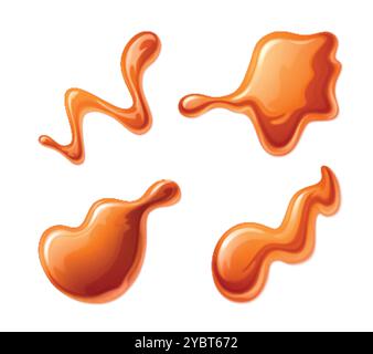 Red sauce splashes set isolated on white background. Vector cartoon illustration of tomato ketchup, dip syrup, fruit jelly or jam, orange paint stains Stock Vector