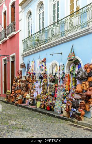 Street commerce of typical products, souvenirs and gifts of various types in the streets and sidewalks of Pelourinho in the city of Salvador, Bahia Stock Photo