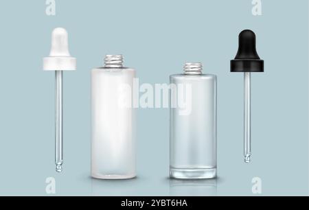 Serum dropper bottle mockup. Glass drop pipette with container isolated 3d vector. Clear medical flask mock up. Plastic blank tube for essence or eye Stock Vector