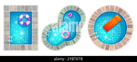Top view on pools of different shapes with inflatable rings and mattress on blue water with ripple effect. Cartoon vector set of bottom summer outdoor Stock Vector