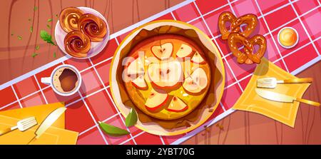 Apple pie on kitchen table top view cartoon vector. Thanksgiving sweet tart dessert above. Autumn feast dinner in restaurant. Holiday pastry on tradit Stock Vector