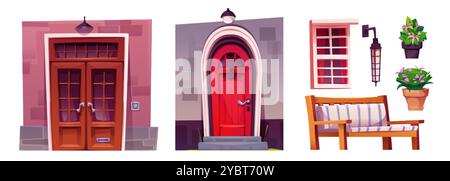 Design elements for house facade and porch. Cartoon vector illustration set of front home closed doors with brick wall, window and lantern, bench and Stock Vector