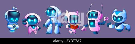 Cute cartoon ai chatbot robots with smiling faces. Vector set of funny bot mascot characters with different hand gestures, holding flower and book, st Stock Vector