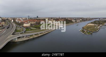 Aerial view of Chrobry Shafts, moored ships on the Oder River and castle like buildings of National Museum, Szczecin, Poland, Europe Stock Photo