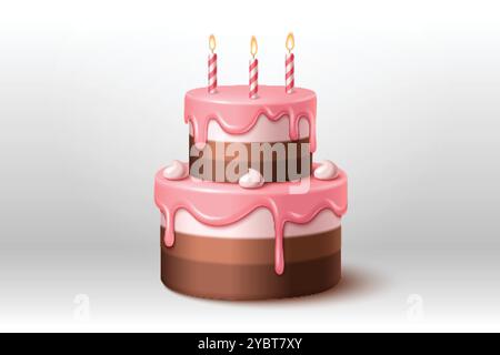 Birthday two tier cake with chocolate biscuit layers, pink icing, cream decoration and three candles on top. Realistic 3d vector of b-day and annivers Stock Vector