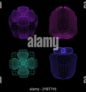 3d wireframe gift boxes for cyber and futuristic design. Vector illustration set of neon glow grid present packages with ribbon and bow. Wire birthday Stock Vector