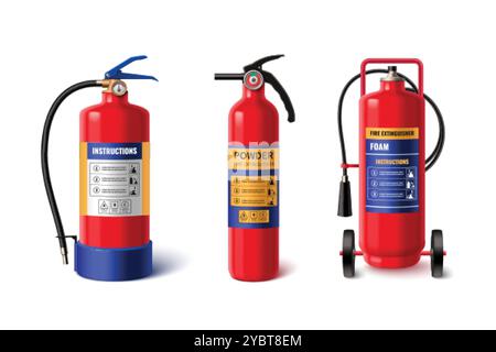 3d realistic fire extinguisher isolated vector icon. Water, powder and foam extinguish security type classifications set. Chemical fighter equipment. Stock Vector