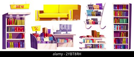 Bookstore furniture set isolated on white background. Vector cartoon illustration of books and magazines on shelves, yellow couch, cash register and c Stock Vector