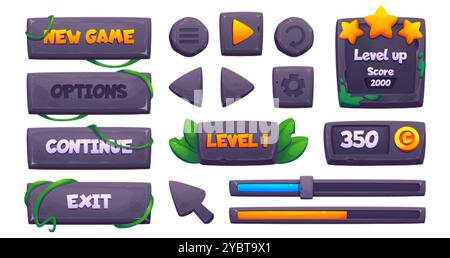 Stone game buttons set for ui design. Vector cartoon illustration of rock boards with green lianas and moss, level menu, options, settings borders, sc Stock Vector