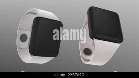 3d isolated electronic smart watch with sport band vector. Realistic fitness device render mockup. Fashion accessory element for time, health and acti Stock Vector
