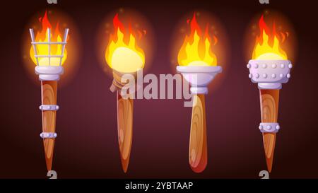Burning fire torches set isolated on black. Vector cartoon illustration of ancient torchlights with wooden handle and flame illumination, antique lant Stock Vector