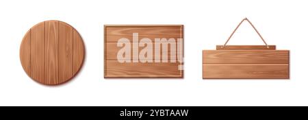 3d wood texture sign board. Wooden plank frame for saloon. Realistic vintage nail bar for text in game. Timber ui interface pointer template icon set. Stock Vector