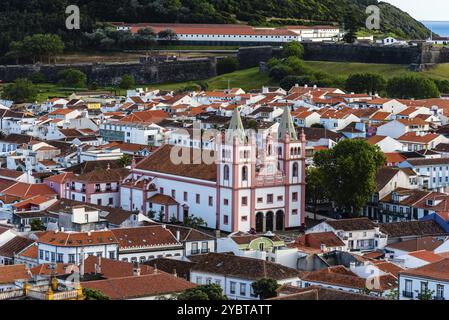 Panoramic Aerial View of the old Town and the Fortress of Angra do Heroismo, Terceira Island, Portugal, Europe Stock Photo