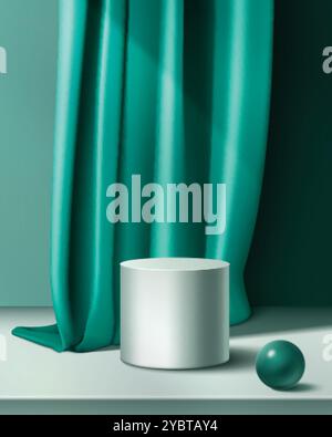 Cylinder product podium with decorative ball and emerald green silk curtain in studio room interior with floor and wall. Realistic 3d vector illustrat Stock Vector