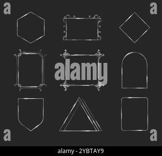 Thin silver frame. Metal square border for picture. 3d steel minimal framework with shiny sparkle. Premium decorative linear element for birthday bann Stock Vector