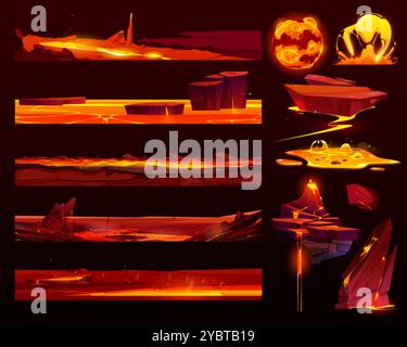 Fire and lava game effect. Magma and rock cartoon ui 2d set. Magic molten flow and liquid splash vfx isolated element design. Hell level platform crac Stock Vector