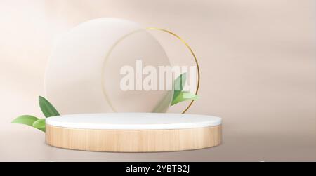 Round wooden podium with green leaves and glass morphism elements on beige background. Vector realistic illustration of blank cylinder platform for or Stock Vector