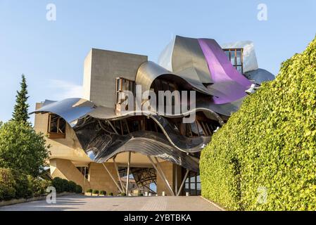 Elciego, Spain, 6 August 2020: Winery of Marques de Riscal in Alava, Basque Country. The futuristic building and luxury hotel was designed by famous a Stock Photo