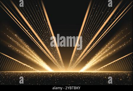 Golden light rays shining on black background. Vector realistic illustration of bright yellow beams shimmering and sparkling in darkness, abstract gli Stock Vector