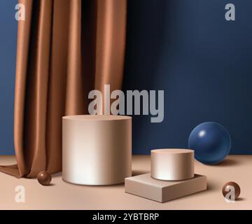 3d silk curtain and product podium background. Luxury pedestal with realistic elegant cloth on dark blue wall. Fashion presentation interior with sphe Stock Vector