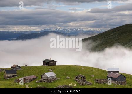 Farmhouses on the Aurlandsfjellet in the Norwegian county Sogn og Fjordane Stock Photo