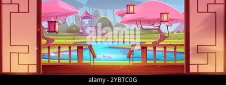 View on Japanese garden with pink Sakura trees from house interior with wooden terrace and fence. Cartoon vector summer traditional oriental spring pa Stock Vector