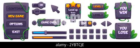 Game ui design kit of borders, plates and buttons with stone texture and jungle liana vines and green leaves. Cartoon vector grey rock frames and inte Stock Vector