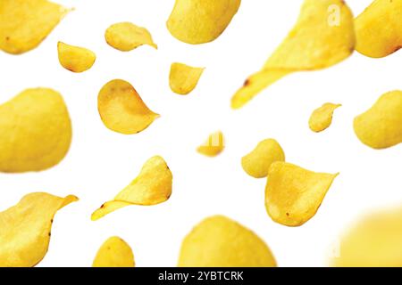 Potato chips flying on white background. Vector realistic illustration of fast food snacks falling down, splash of crispy fried or baked vegetable mea Stock Vector