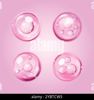Serum drops set with molecule structure isolated on background. Vector realistic illustration of pink cosmetic gel blobs, bubbles with light reflectio Stock Vector
