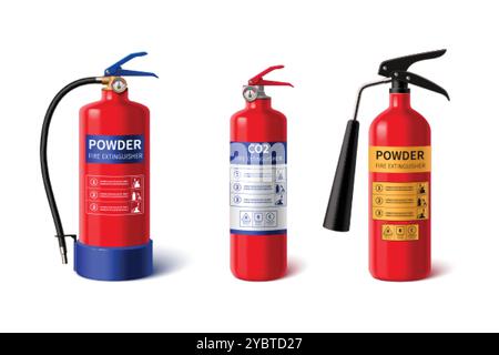 Realistic red fire extinguisher with sprayer and labels for instructions about providing emergency assistance in extinguishing flame. 3d vector set of Stock Vector