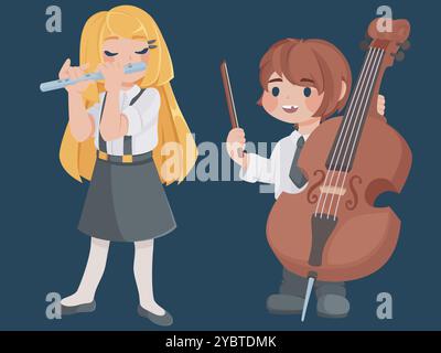 Kids musicians for school band or music classroom. Cartoon vector set of children with instruments - little girl playing flute and boy with contrabass Stock Vector