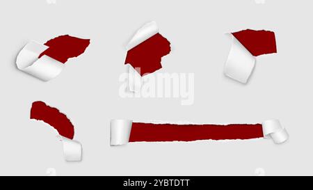 Torn paper holes with roll. Realistic vector illustration set of rip page frames. Reveal break cardboard sheet with grunge ragged edges with parchment Stock Vector