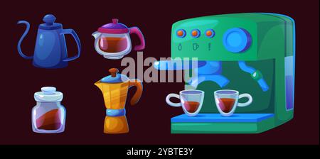 Barista coffee machine set for shop or cafe vector. Manual method, kettle and alternative equipment for kitchen in cafeteria game object collection. C Stock Vector