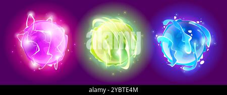 Magic neon glow ball with wave, lightning and energy light effect. abstract fantasy sphere. cartoon vector futuristic technology fireball or wizard cr Stock Vector
