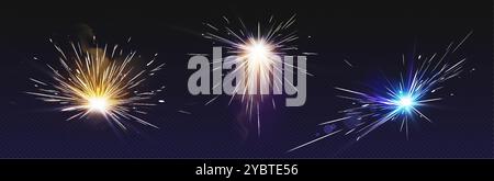 Weld starburst fire and spark effect on dark background. Flare from work of electric welding machine for metal surface. Realistic 3d vector set of spa Stock Vector