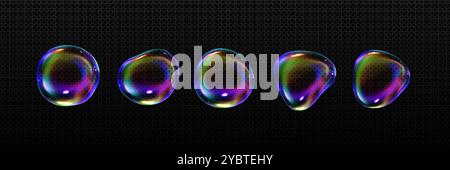 3D soap bubbles set isolated on transparent background. Vector realistic illustration of rainbow color shampoo blobs of abstract shape, bath foam orbs Stock Vector