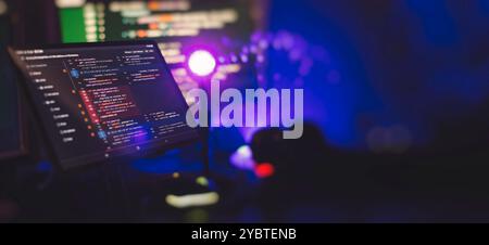 Working atmosphere of a programmer at home, background. Programming code abstract Stock Photo