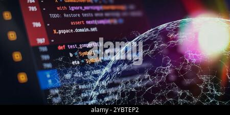 Working atmosphere of a programmer at home, background. Programming code abstract Stock Photo