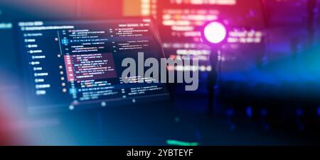 Working atmosphere of a programmer at home, background. Programming code abstract Stock Photo