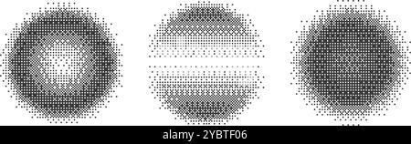 Circles with bitmap pixel effect. Round shapes with arcade game pattern texture. Y2k halftone vector texture with glow dither fade. Aesthetic gradient Stock Vector