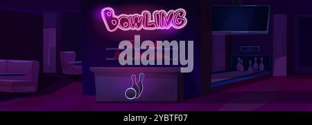 Empty closed bowling club interior at night. Dark indoor game center with neon glow sign and player shoes on wall, alley with skittles and tournament Stock Vector