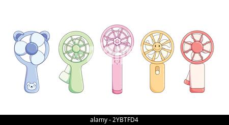 Cute portable handheld electric fan. Cartoon vector illustration set of summer childish hand mini ventilator for air cooling and blowing. Climate equi Stock Vector