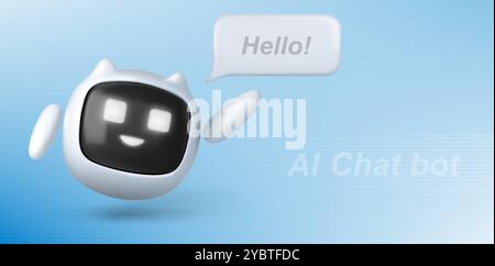 Cute friendly robot with welcome speech bubble on pastel blue background. Realistic 3d vector illustration of ai chat bot character. Digital artificia Stock Vector