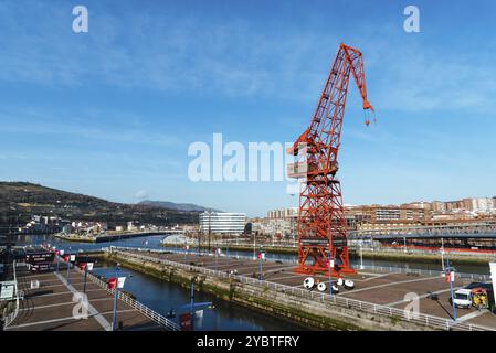 Bilbao, Spain, February 13, 2022: View of Carola Crane. It is a crane that was once used in shipbuilding at the Astilleros Euskalduna shipyard, now is Stock Photo