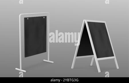 3d advertising sandwich board. Sign frame stand mockup. Easel billboard for street menu on sidewalk bear cafe. Outside restaurant black ad banner or p Stock Vector
